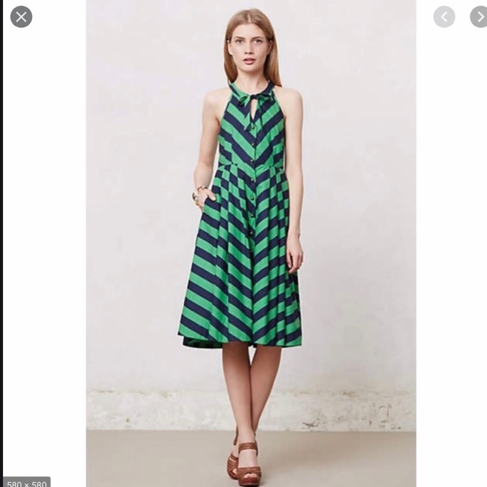 Anthro Girls From Savoy Emerald Ripple Dress, sz 8